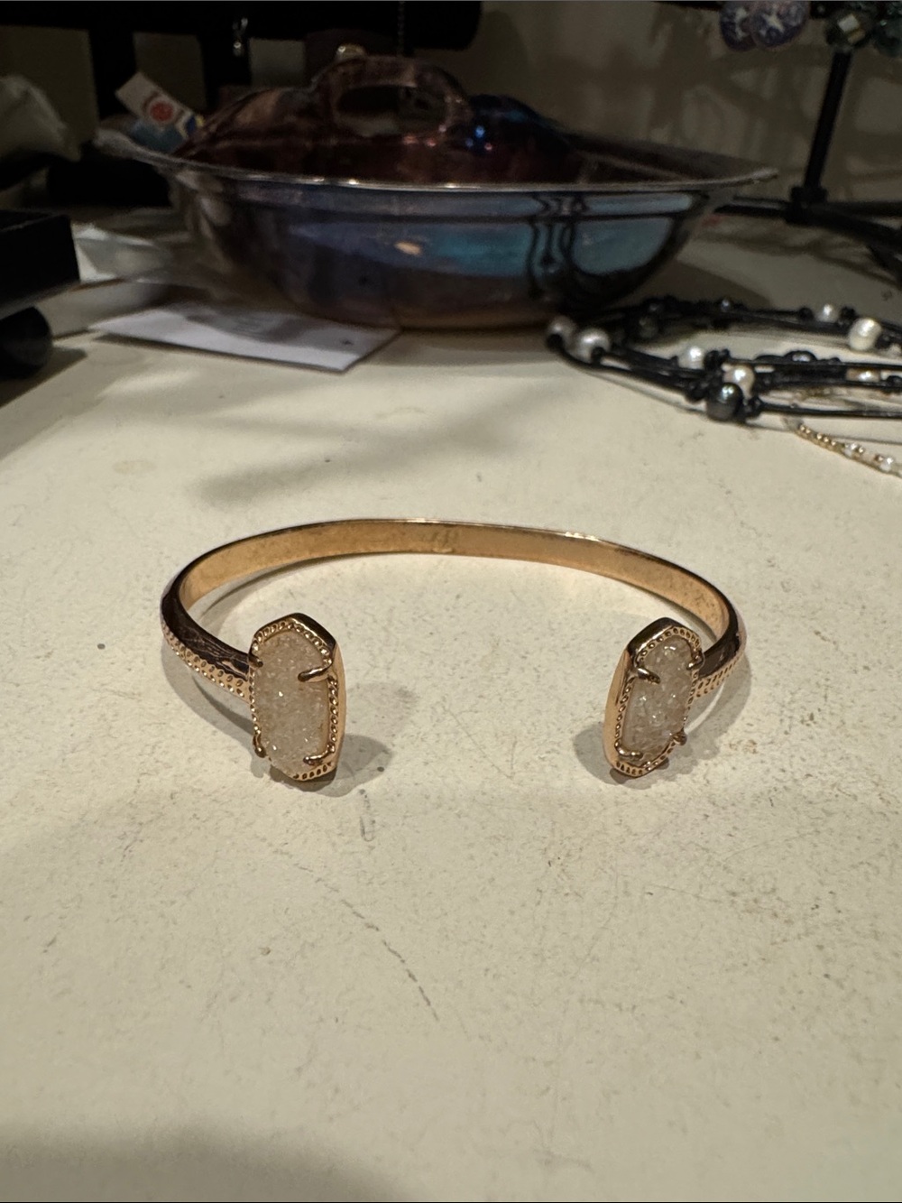 Kendra Scott Rose Gold Open Cuff Bracelet with White Druzy Stones